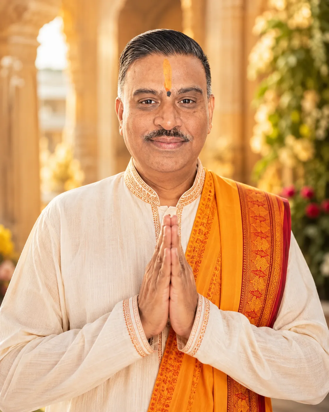 Shastri Ji Manishbhai Pandya in a cream kurta, hands joined in namaste