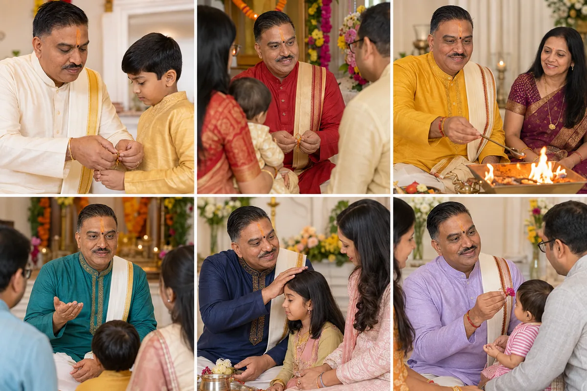 Six editorial photographs of a Hindu priest with families and children — tying a sacred thread on a boy’s wrist, seated with parents and a baby, making an offering at the sacred fire, explaining a rite to a family, blessing a young girl with a hand on her head, and offering a flower to a toddler