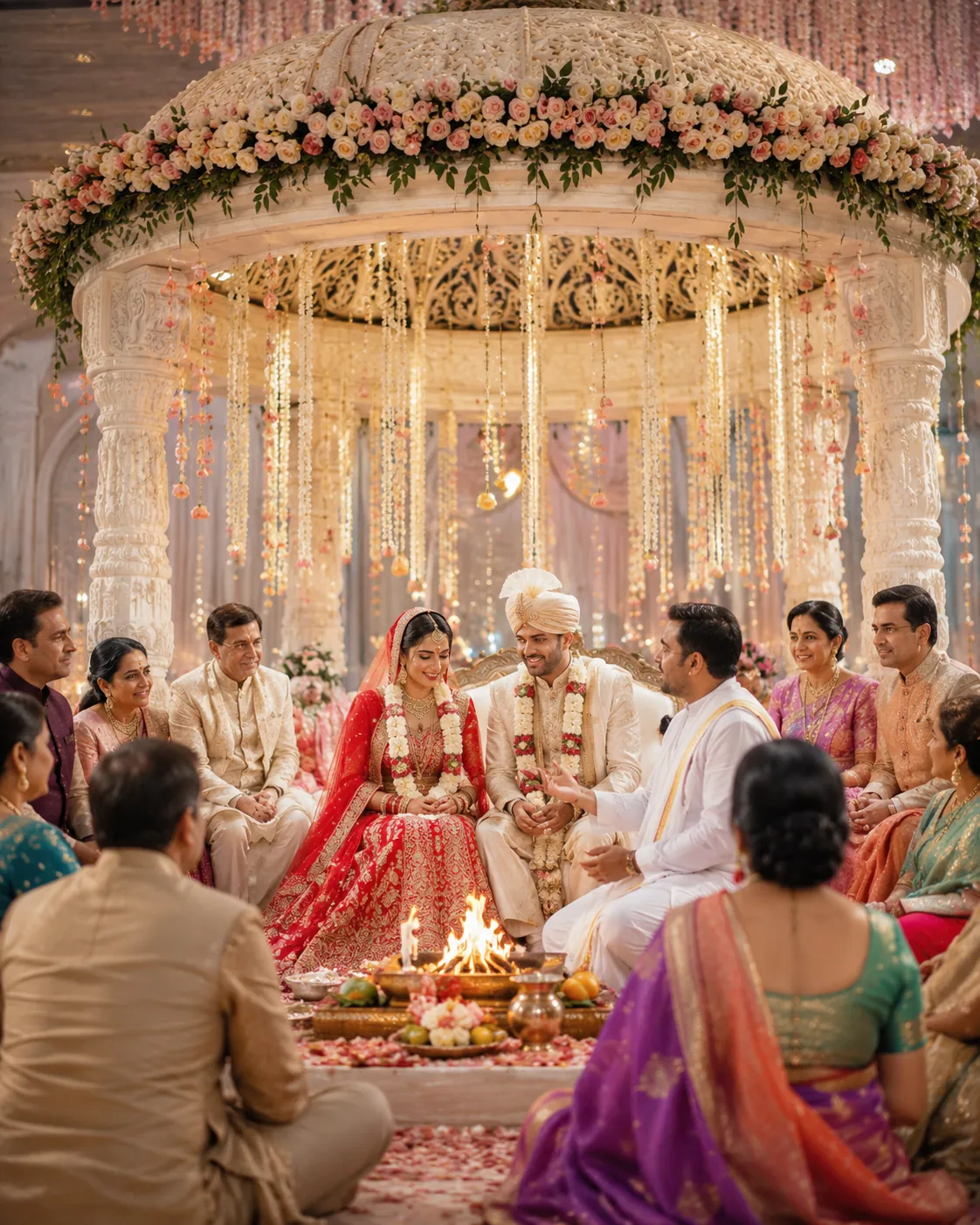 A Hindu wedding ceremony beneath a floral mandap, with families seated around the sacred fire
